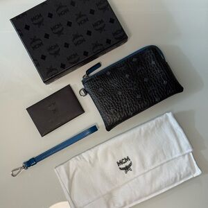 MCM Black Blue Monogram Zip Pouch With Wrist Strap